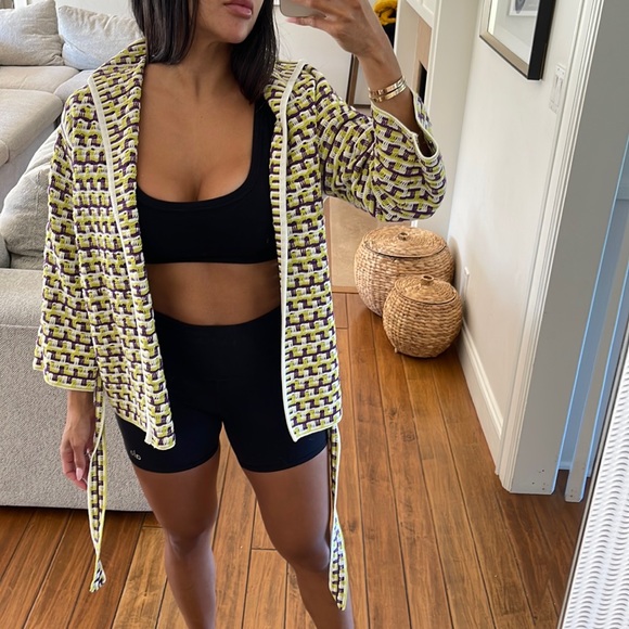 Rena Lange Sweaters - Rena Lange Black, White & Yellow Patterned Knit Cardigan